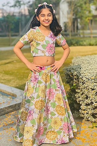 Powder Blue & Grey Chinon Floral Printed Lehenga Set For Girls by Taber Tikri