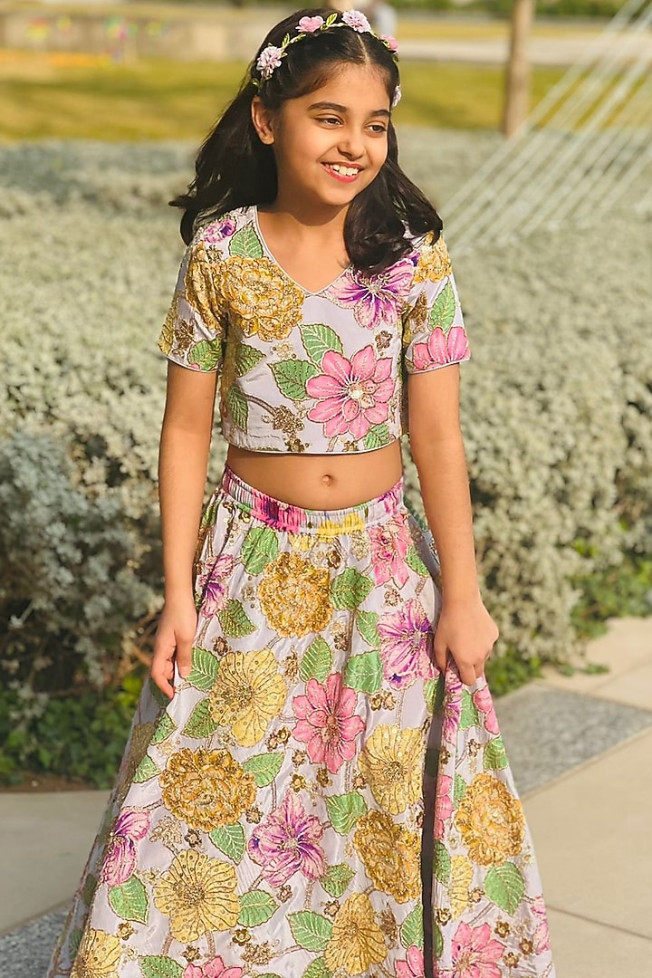 Powder Blue & Grey Chinon Floral Printed Lehenga Set For Girls by Taber Tikri at Pernia's Pop Up Shop