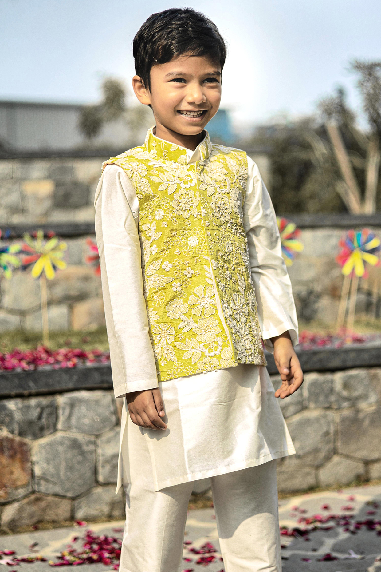 Lemon Yellow Shimmer Crepe Thread Embroidered Nehru Jacket Set For Boys by Taber Tikri