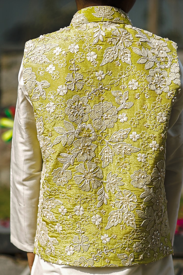 Lemon Yellow Shimmer Crepe Thread Embroidered Nehru Jacket Set For Boys by Taber Tikri at Pernia's Pop Up Shop