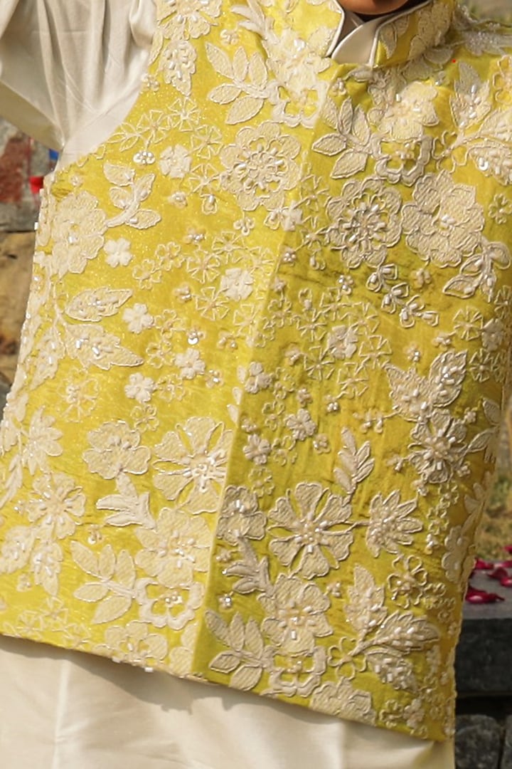 Lemon Yellow Shimmer Crepe Thread Embroidered Nehru Jacket Set For Boys by Taber Tikri at Pernia's Pop Up Shop