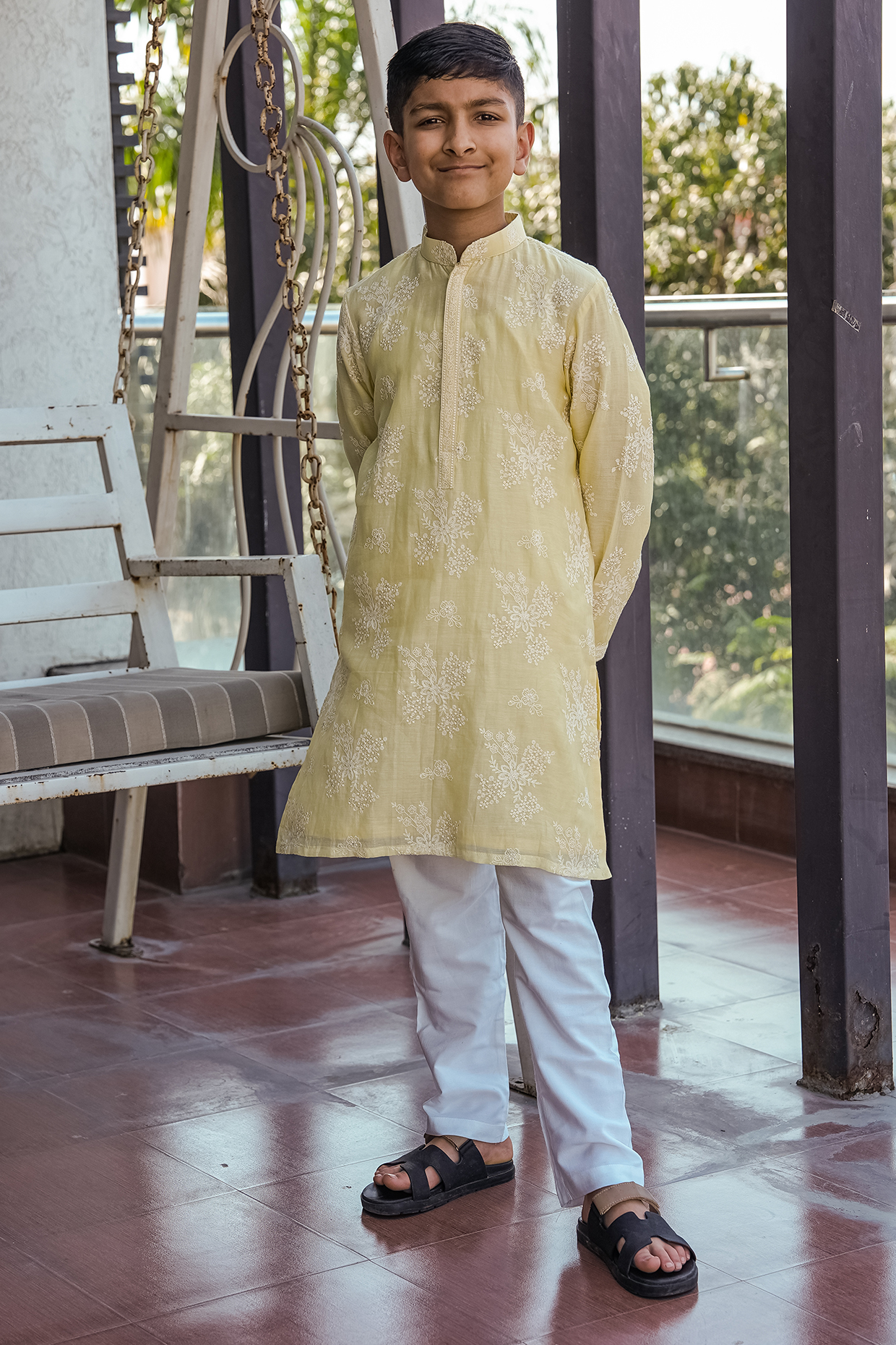 Lemon Yellow Pure Mul Chanderi Floral Boota Embroidered Kurta Set For Boys by Taber Tikri