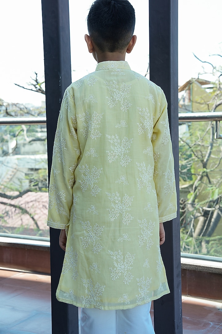 Lemon Yellow Pure Mul Chanderi Floral Boota Embroidered Kurta Set For Boys by Taber Tikri at Pernia's Pop Up Shop