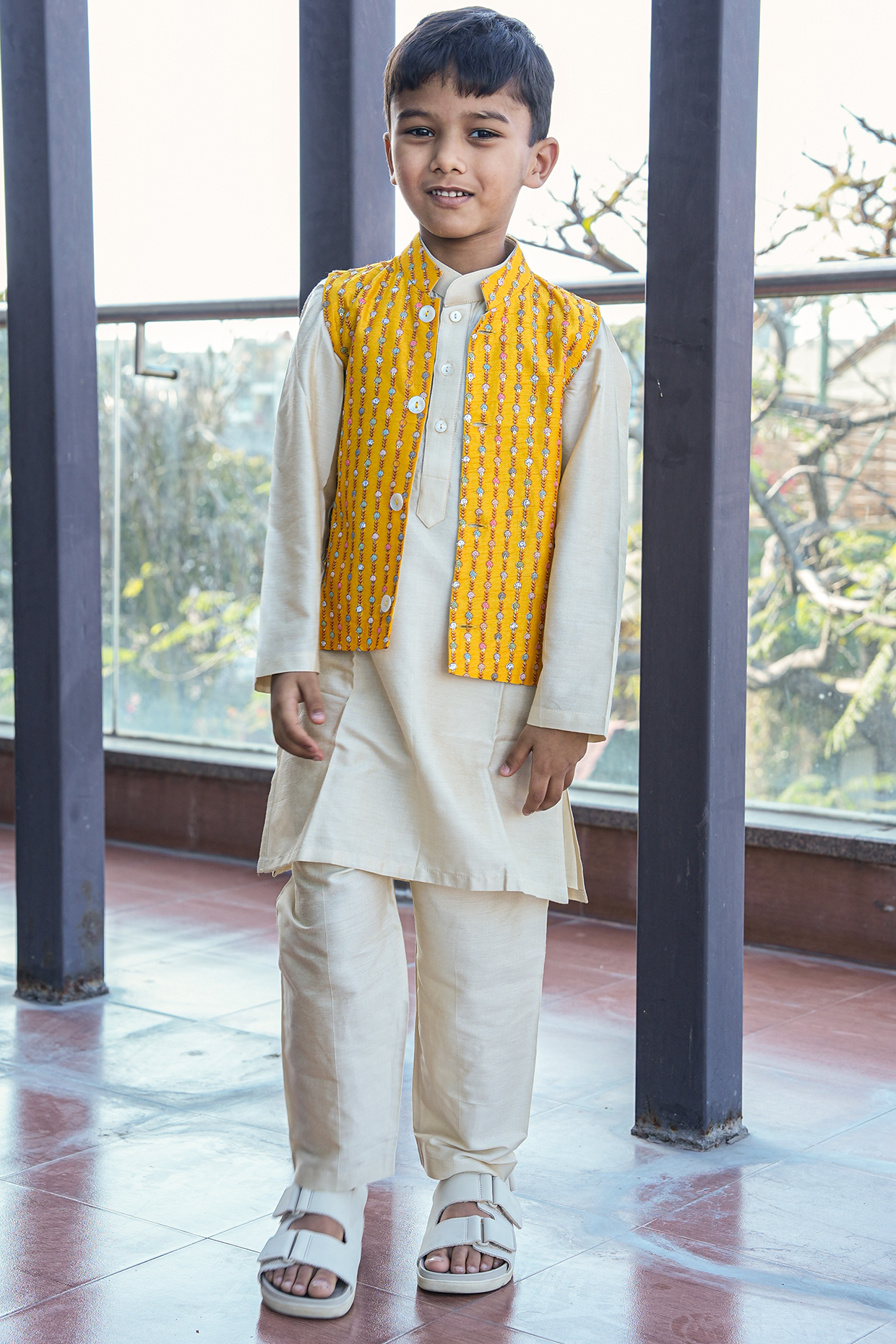 Yellow Pure Mul Chanderi Zari Embroidered Nehru Jacket Set For Boys by Taber Tikri