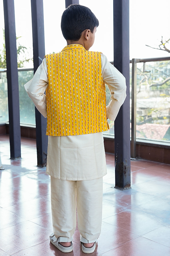 Yellow Pure Mul Chanderi Zari Embroidered Nehru Jacket Set For Boys by Taber Tikri at Pernia's Pop Up Shop