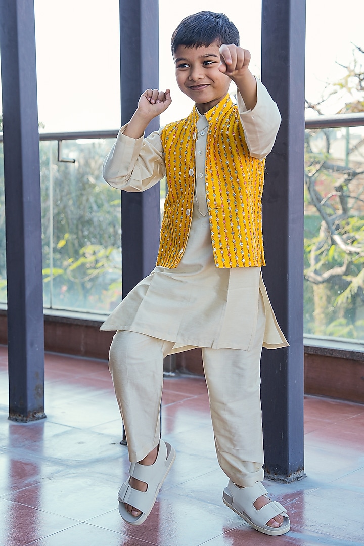 Yellow Pure Mul Chanderi Zari Embroidered Nehru Jacket Set For Boys by Taber Tikri at Pernia's Pop Up Shop