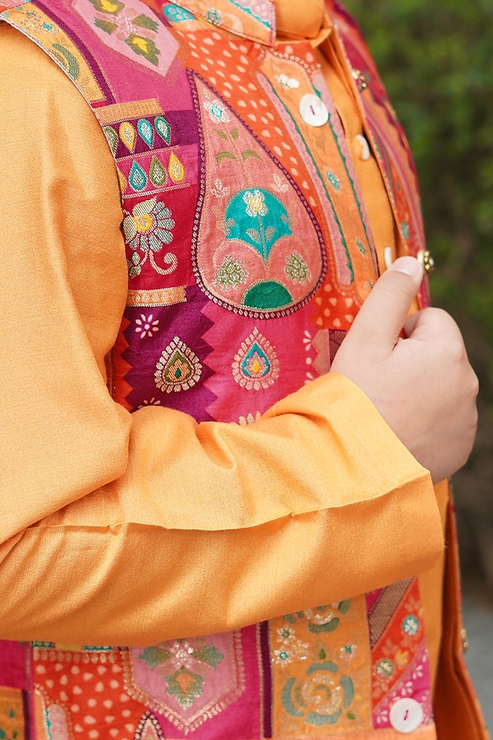 Pink Brocade Printed Nehru Jacket Set For Boys by Taber Tikri at Pernia's Pop Up Shop