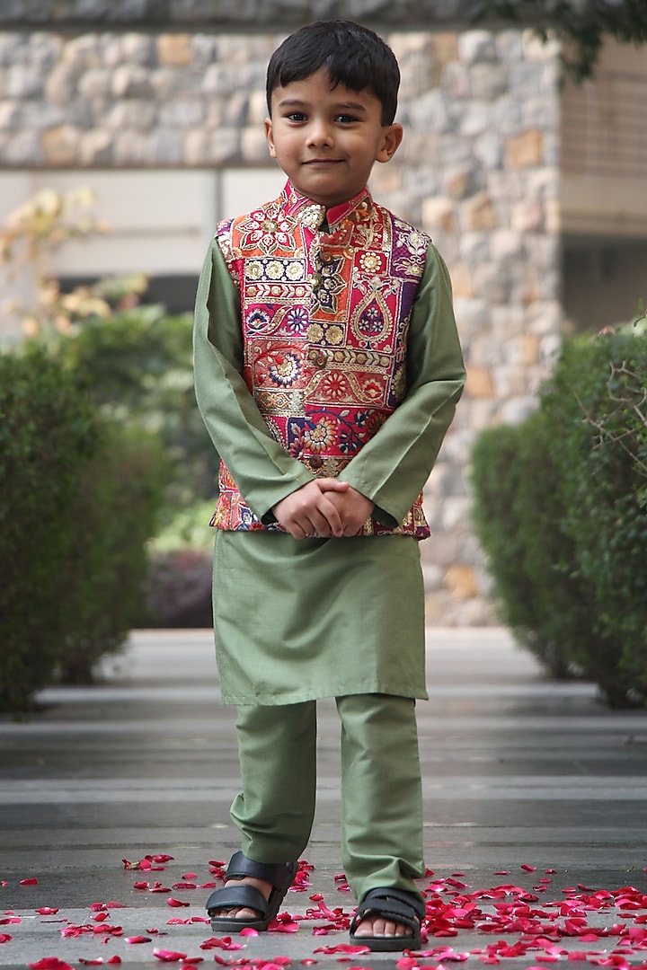 Multi-Colored Cotton Silk Thread Embroidered Nehru Jacket Set For Boys by Taber Tikri at Pernia's Pop Up Shop