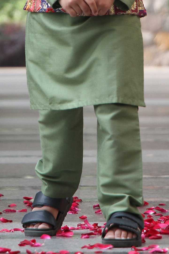Multi-Colored Cotton Silk Thread Embroidered Nehru Jacket Set For Boys by Taber Tikri at Pernia's Pop Up Shop