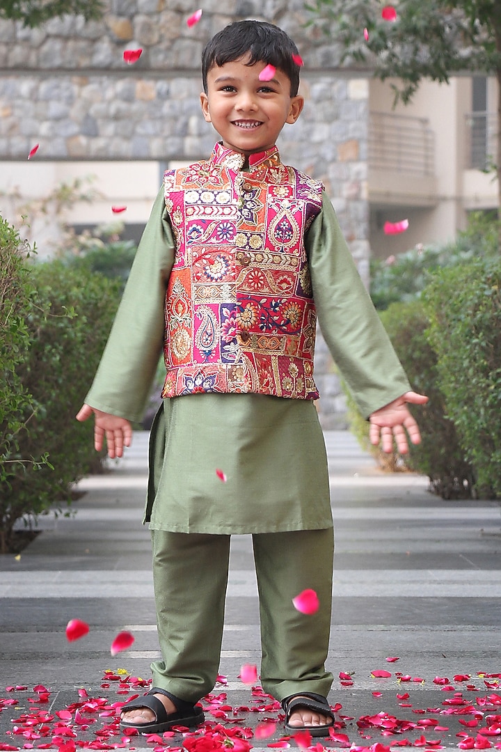 Multi-Colored Cotton Silk Thread Embroidered Nehru Jacket Set For Boys by Taber Tikri at Pernia's Pop Up Shop
