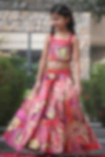 Pink Georgette Blend Abstract Printed Lehenga Set For Girls by Taber Tikri at Pernia's Pop Up Shop