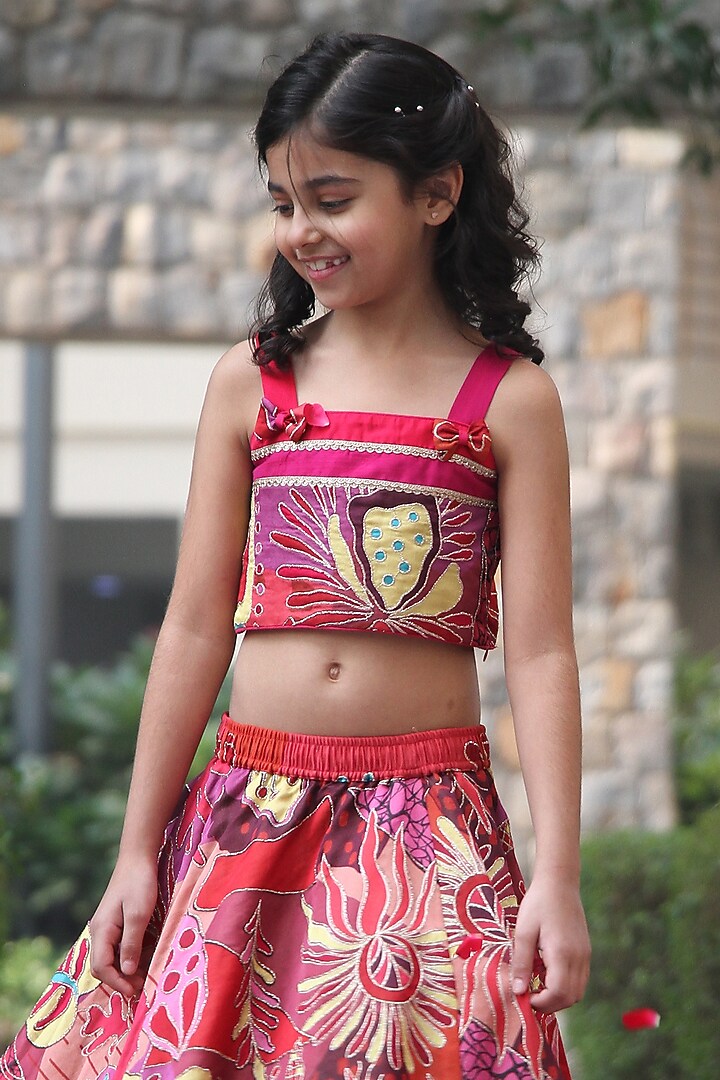 Pink Georgette Blend Abstract Printed Lehenga Set For Girls by Taber Tikri at Pernia's Pop Up Shop