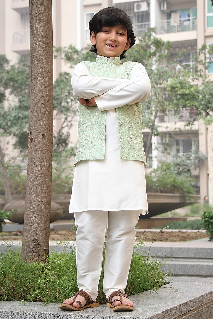 Light Green Cotton Silk Dori Embroidered Nehru Jacket Set For Boys by Taber Tikri at Pernia's Pop Up Shop