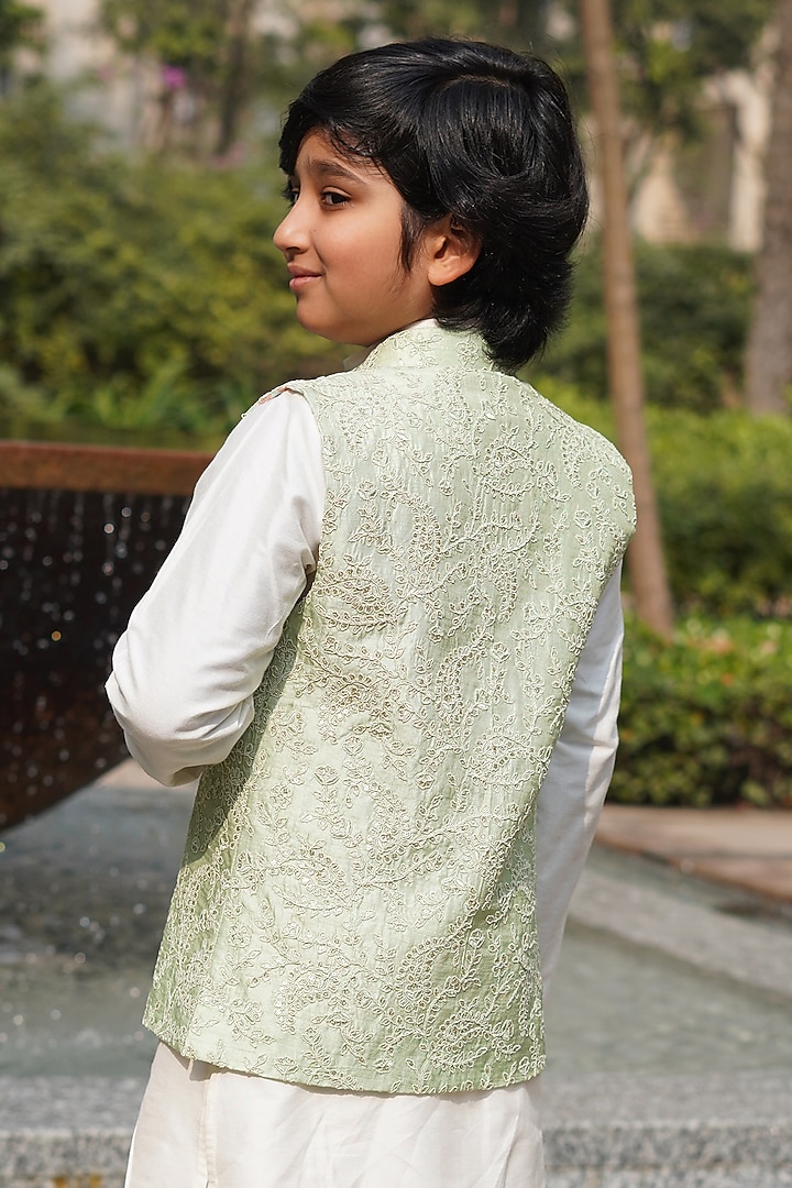 Light Green Cotton Silk Dori Embroidered Nehru Jacket Set For Boys by Taber Tikri at Pernia's Pop Up Shop