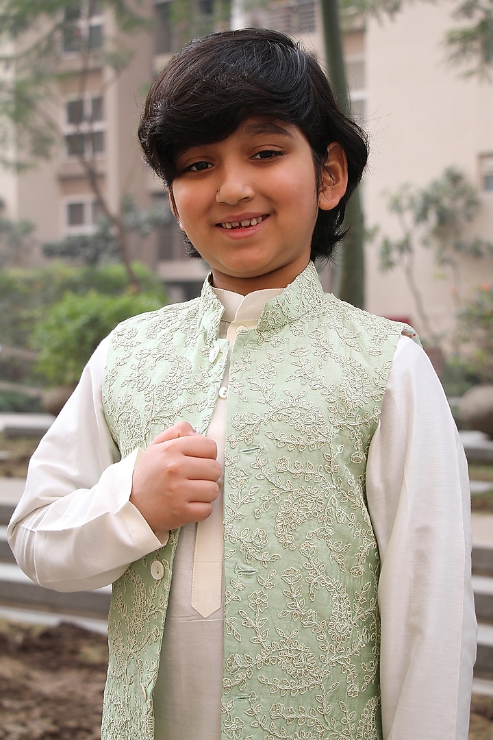 Light Green Cotton Silk Dori Embroidered Nehru Jacket Set For Boys by Taber Tikri at Pernia's Pop Up Shop