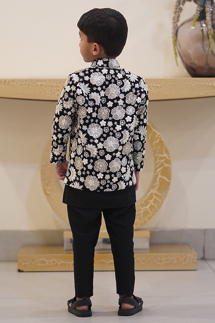 Black Cotton Silk Embroidered Jacket Set For Boys by Taber Tikri at Pernia's Pop Up Shop