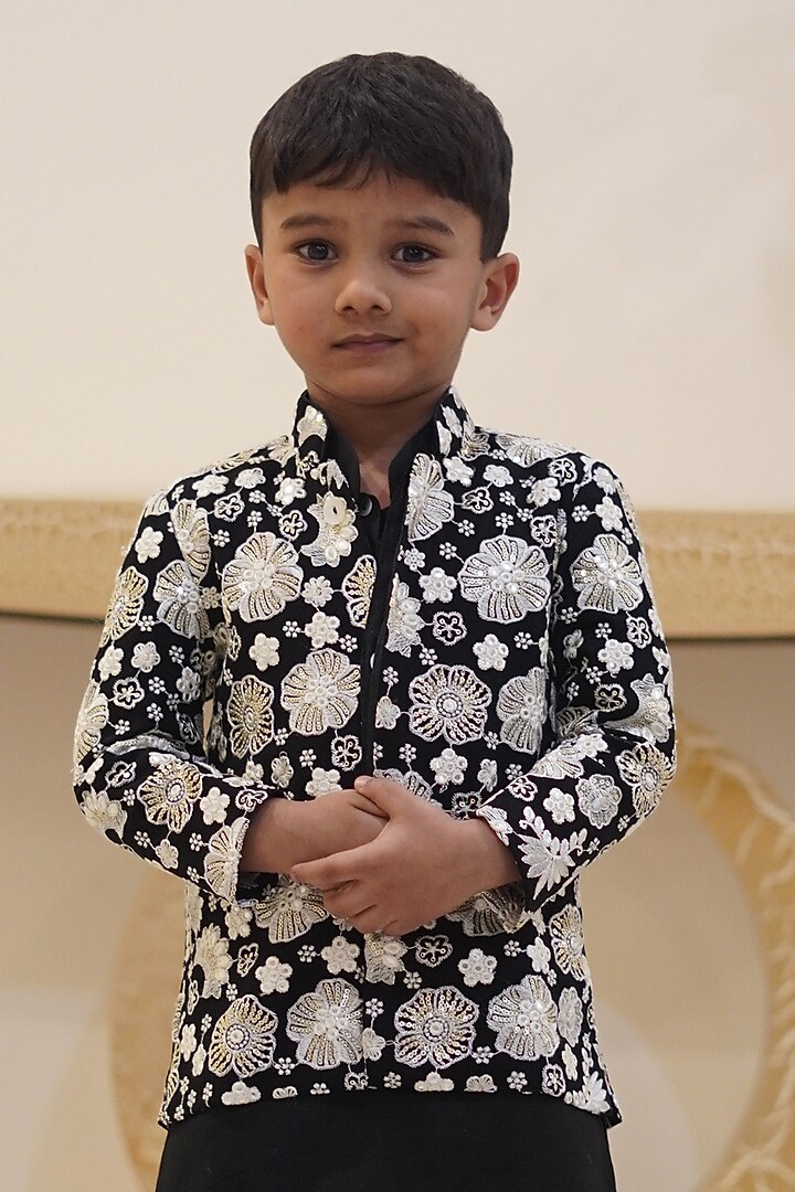 Black Cotton Silk Embroidered Jacket Set For Boys by Taber Tikri at Pernia's Pop Up Shop