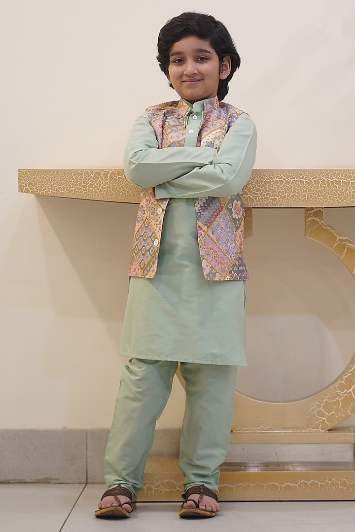 Pink Cotton Silk Zari Embroidered Nehru Jacket Set For Boys by Taber Tikri at Pernia's Pop Up Shop