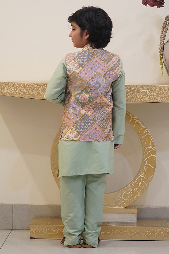Pink Cotton Silk Zari Embroidered Nehru Jacket Set For Boys by Taber Tikri at Pernia's Pop Up Shop