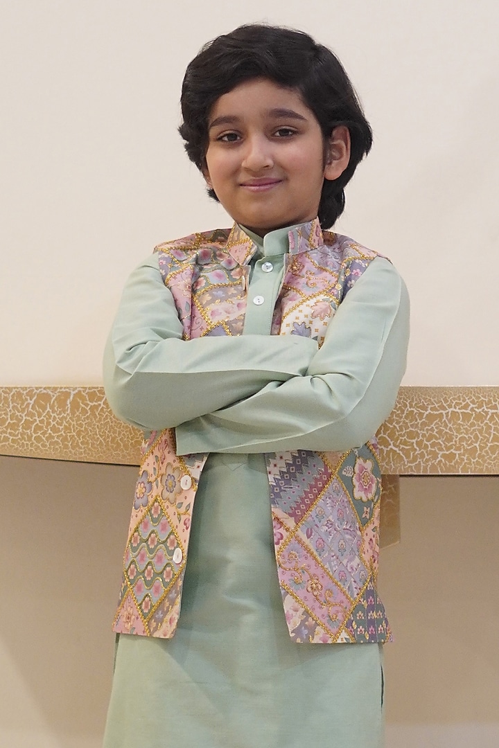 Pink Cotton Silk Zari Embroidered Nehru Jacket Set For Boys by Taber Tikri at Pernia's Pop Up Shop