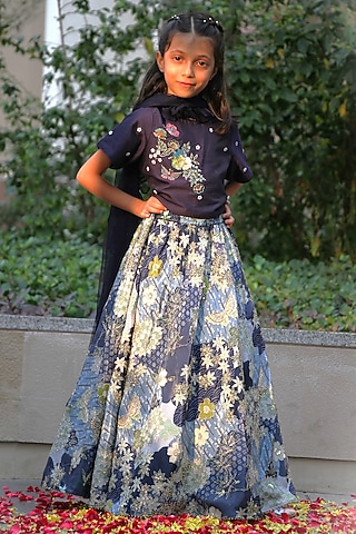 Blue Cotton Silk Floral Printed & Zari Embroidered Lehenga Set For Girls by Taber Tikri