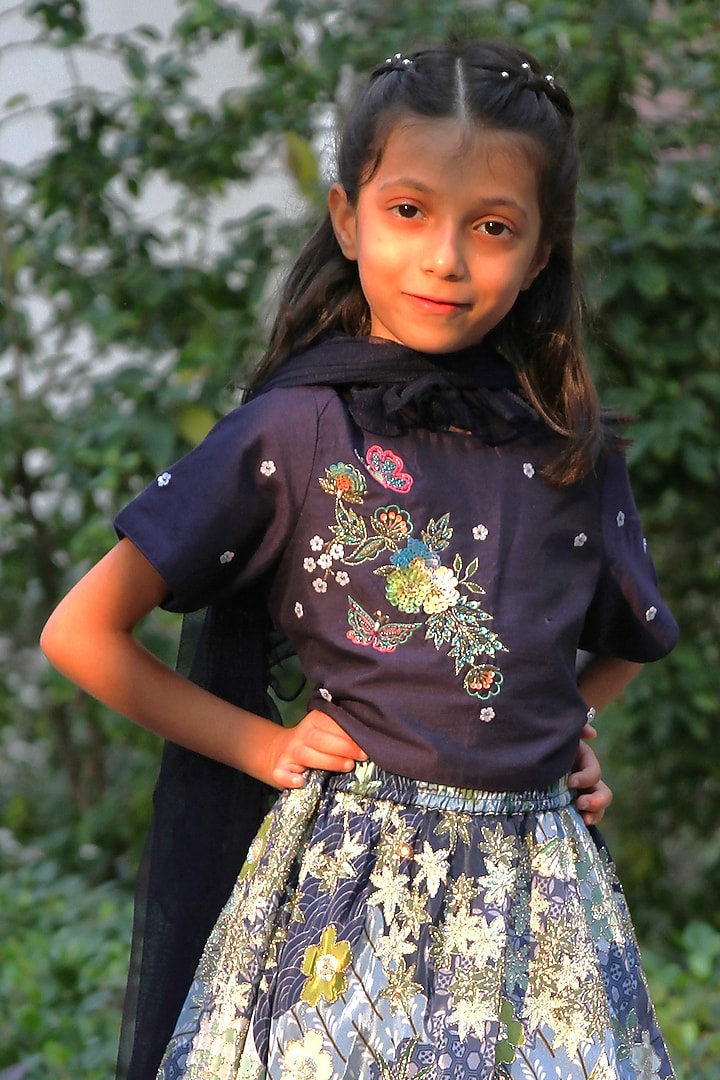 Blue Cotton Silk Floral Printed & Zari Embroidered Lehenga Set For Girls by Taber Tikri at Pernia's Pop Up Shop