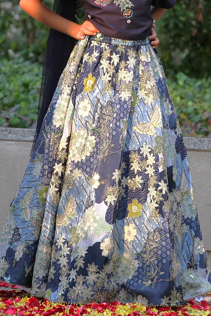 Blue Cotton Silk Floral Printed & Zari Embroidered Lehenga Set For Girls by Taber Tikri at Pernia's Pop Up Shop