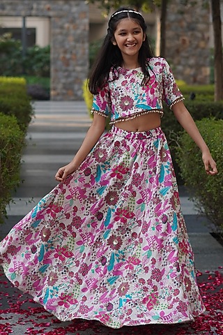 Multi-Colored Chinon Floral Printed Lehenga Set For Girls by Taber Tikri