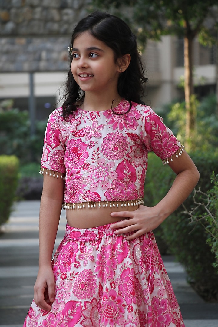 Pink Chinon Floral Printed Lehenga Set For Girls by Taber Tikri at Pernia's Pop Up Shop