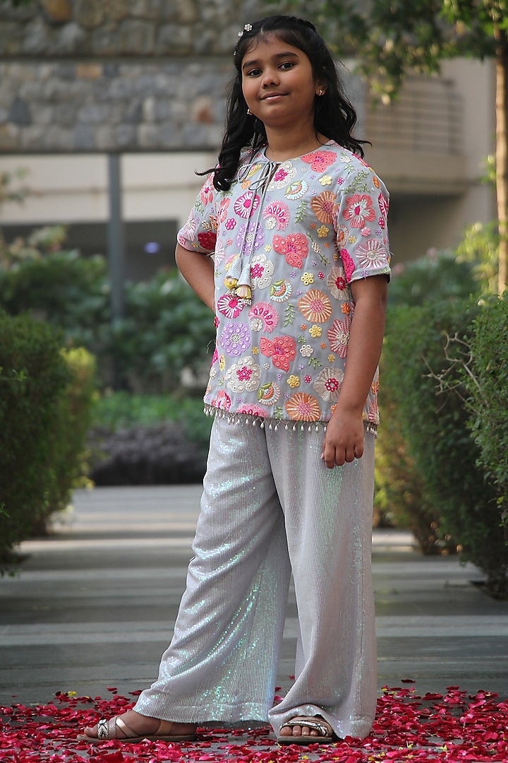 Multi-Colored Georgette Floral Embroidered Short Kurta Set For Girls by Taber Tikri at Pernia's Pop Up Shop