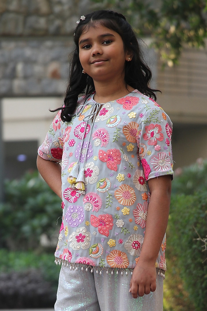 Multi-Colored Georgette Floral Embroidered Short Kurta Set For Girls by Taber Tikri at Pernia's Pop Up Shop