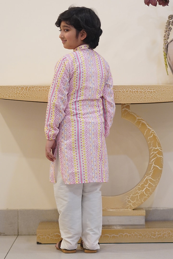Pink Cotton Printed & Embroidered Kurta Set For Boys by Taber Tikri at Pernia's Pop Up Shop