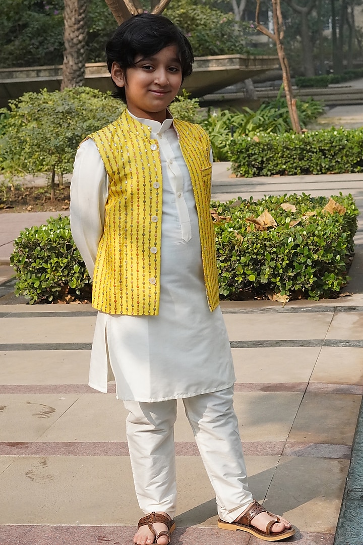 Yellow Cotton Silk Thread Embroidered Nehru Jacket Set For Boys by Taber Tikri at Pernia's Pop Up Shop