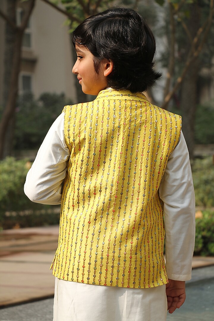 Yellow Cotton Silk Thread Embroidered Nehru Jacket Set For Boys by Taber Tikri at Pernia's Pop Up Shop