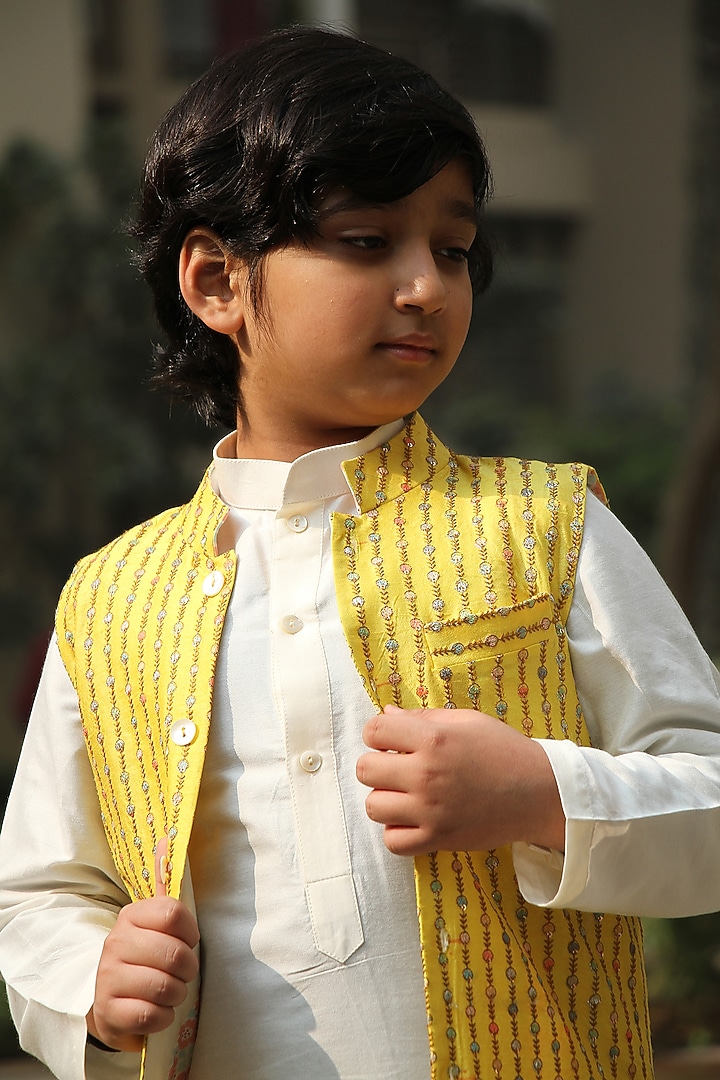 Yellow Cotton Silk Thread Embroidered Nehru Jacket Set For Boys by Taber Tikri at Pernia's Pop Up Shop