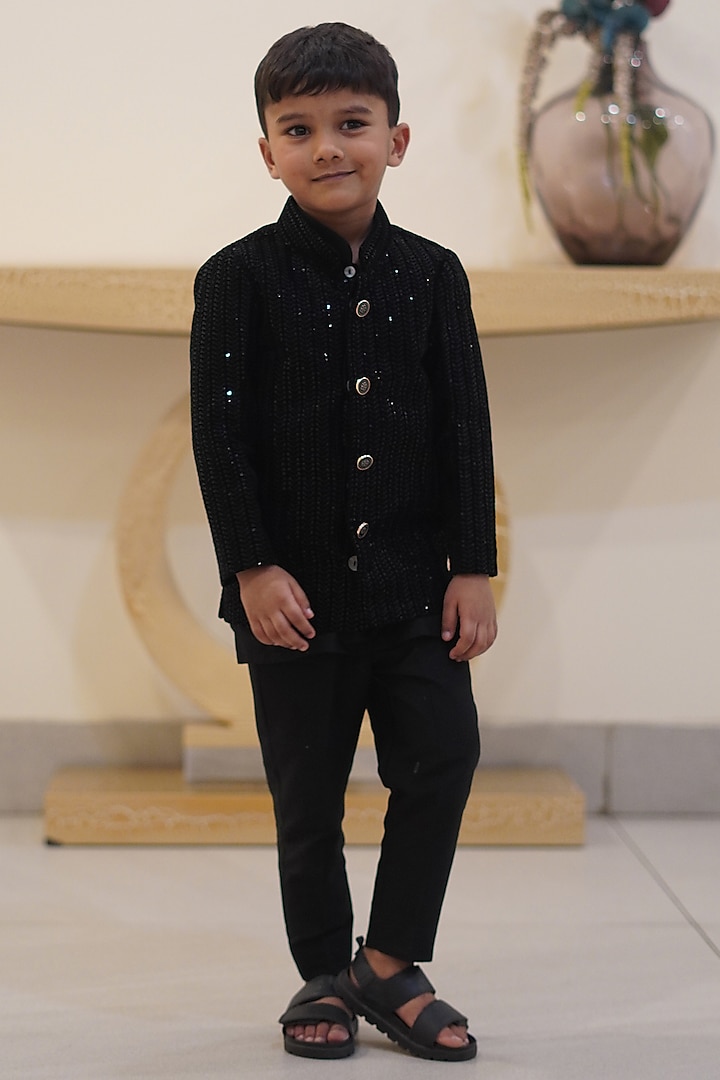 Black Velvet Sequins Embroidered Jacket Set For Boys by Taber Tikri at Pernia's Pop Up Shop