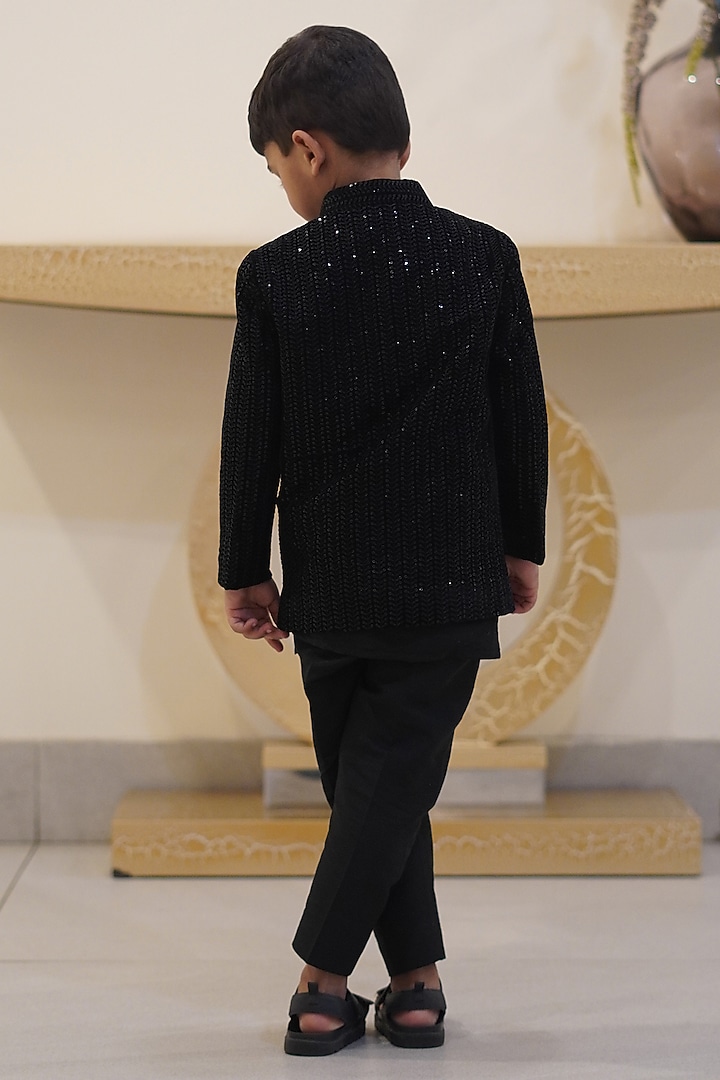 Black Velvet Sequins Embroidered Jacket Set For Boys by Taber Tikri at Pernia's Pop Up Shop