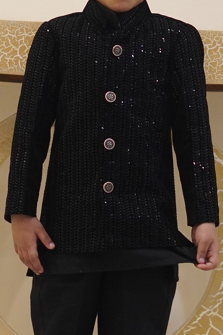 Black Velvet Sequins Embroidered Jacket Set For Boys by Taber Tikri at Pernia's Pop Up Shop