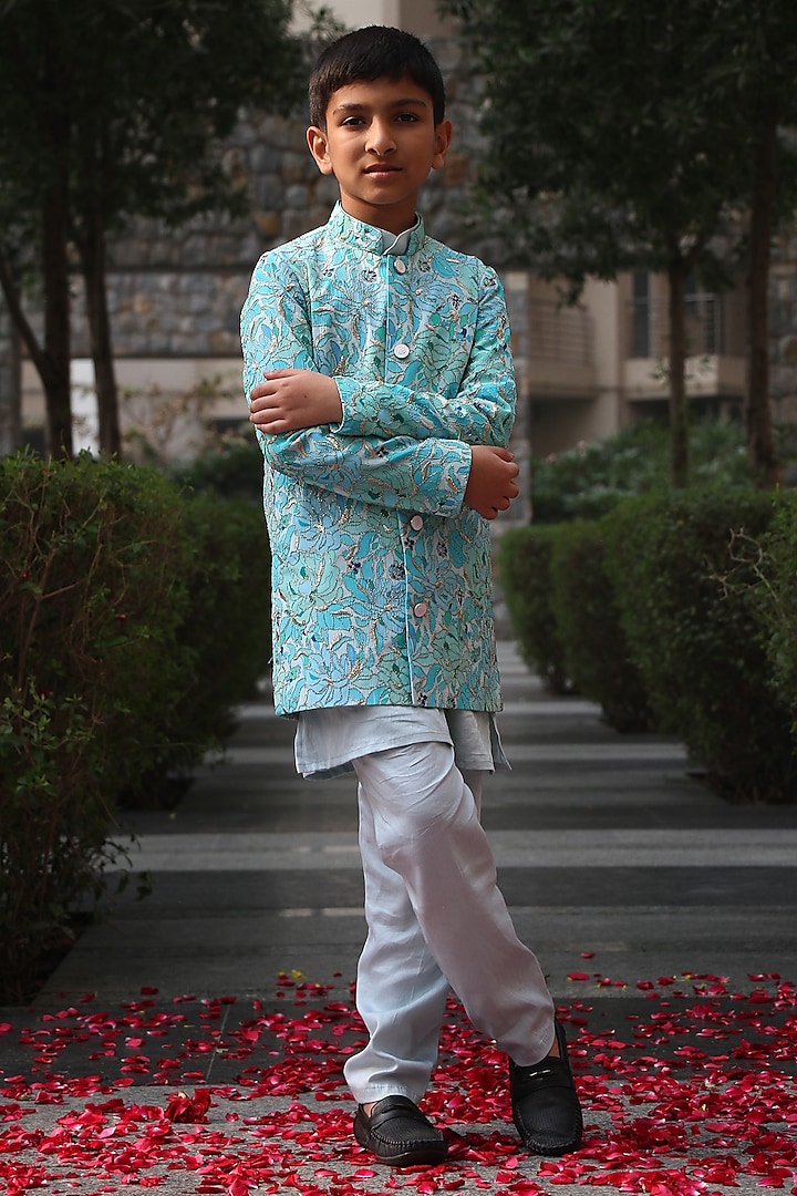 Light Blue Cotton Silk Printed & Embroidered Jodhpuri Set For Boys by Taber Tikri at Pernia's Pop Up Shop