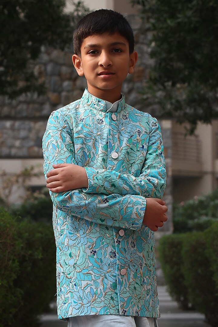 Light Blue Cotton Silk Printed & Embroidered Jodhpuri Set For Boys by Taber Tikri at Pernia's Pop Up Shop