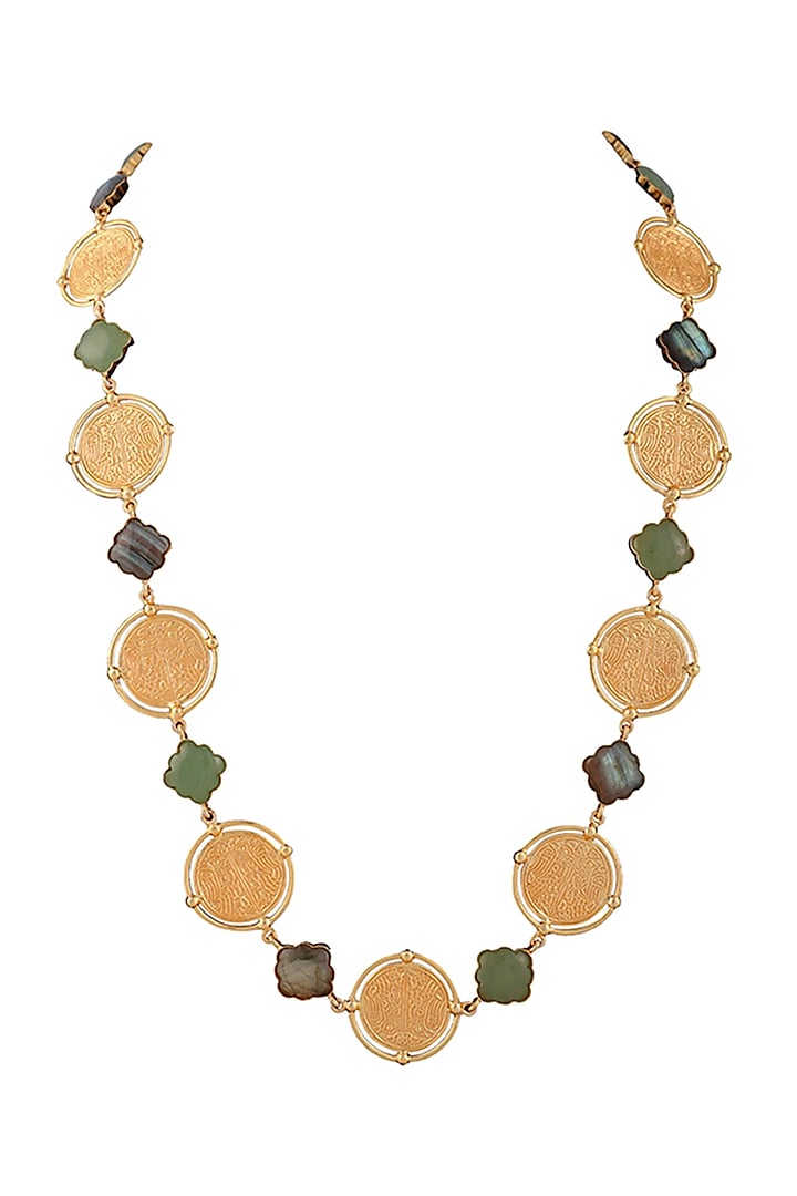 Gold Finish Green Quartz Coin Long Necklace In 92.5 Sterling Silver by Tanvi Garg