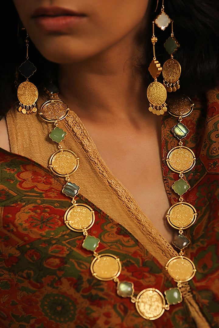 Gold Finish Green Quartz Coin Long Necklace In 92.5 Sterling Silver by Tanvi Garg