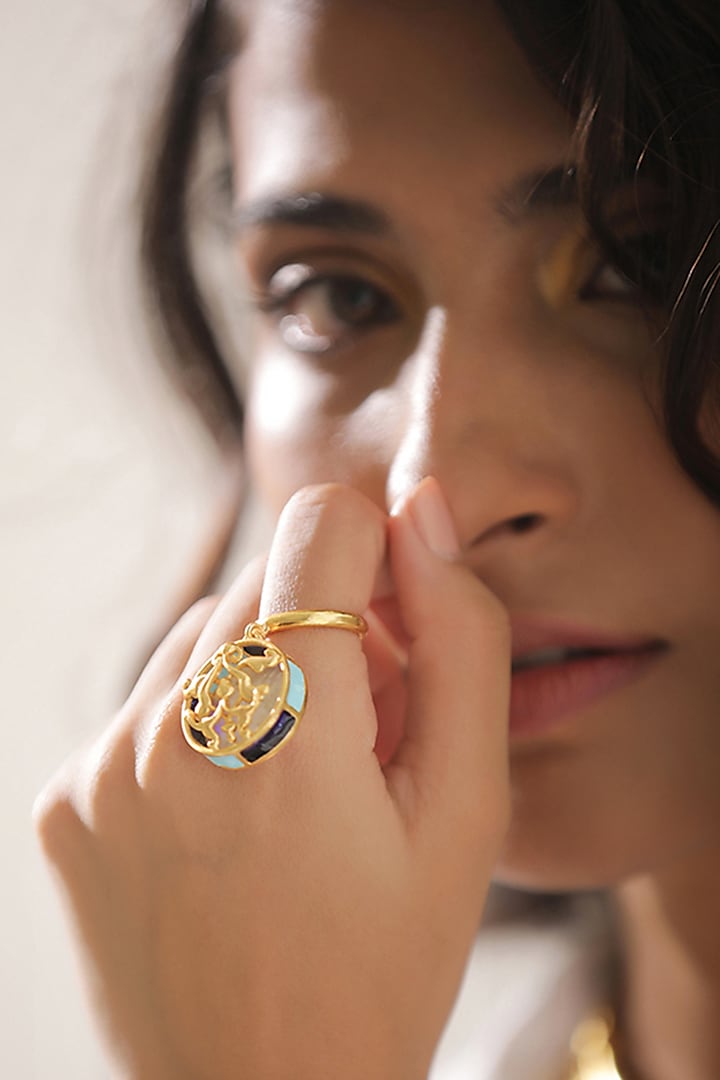 Gold Finish Enameled Ring In 92.5 Sterling Silver by Tanvi Garg