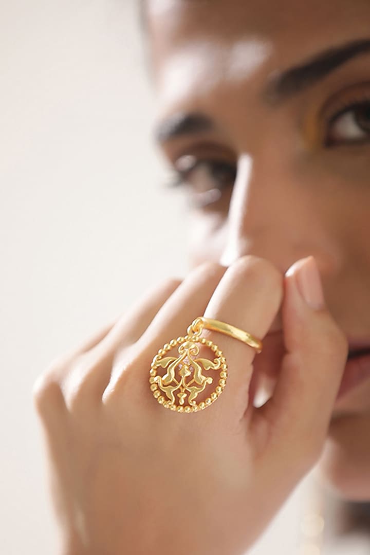 Gold Finish Dangle Ring In 92.5 Sterling Silver by Tanvi Garg at Pernia's Pop Up Shop