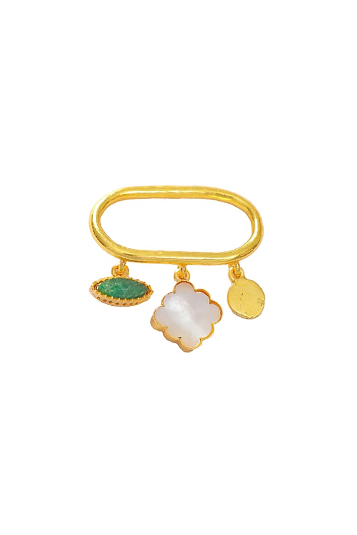 Gold Finish Green Quartz Double Finger Ring In 92.5 Sterling Silver by Tanvi Garg