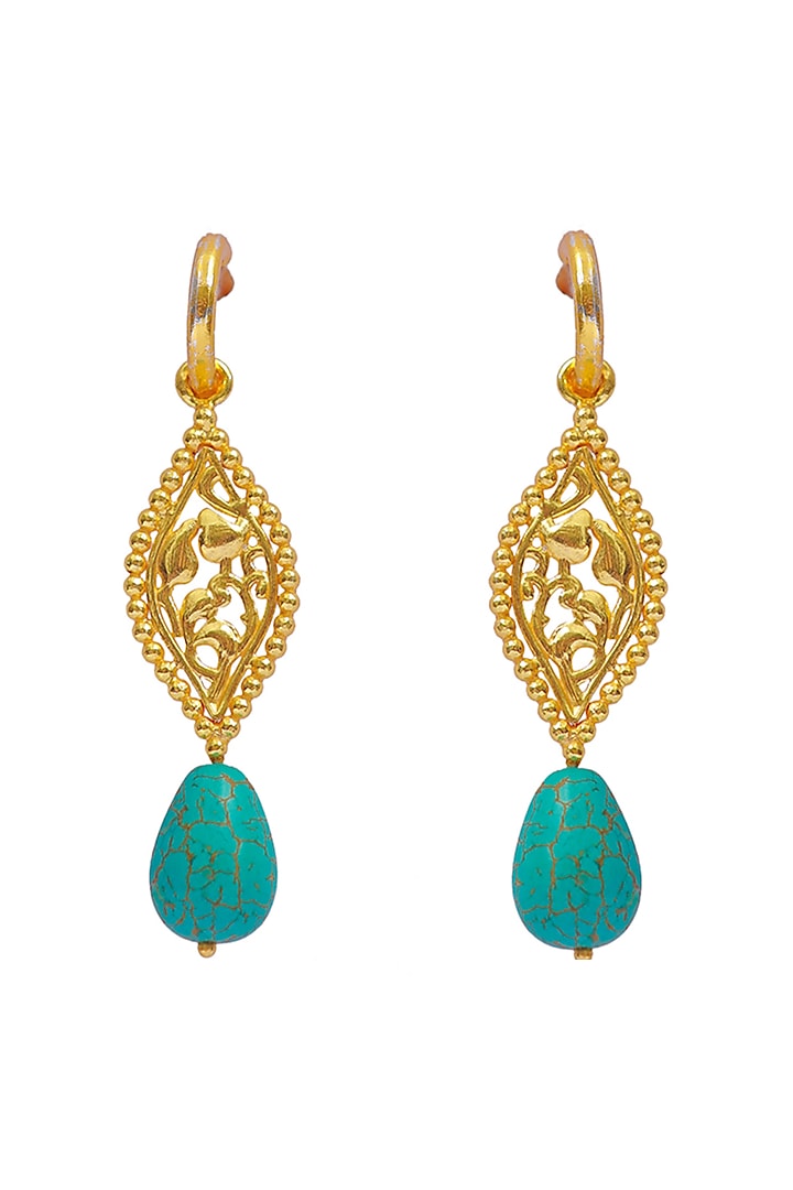 Gold Finish Turquoise Stone Dangler Earrings In 92.5 Sterling Silver by Tanvi Garg