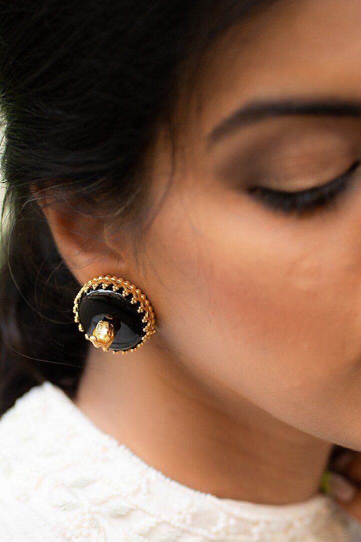 Gold Finish Elephant Black Onyx Stud Earrings In Sterling Silver by Tanvi Garg at Pernia's Pop Up Shop