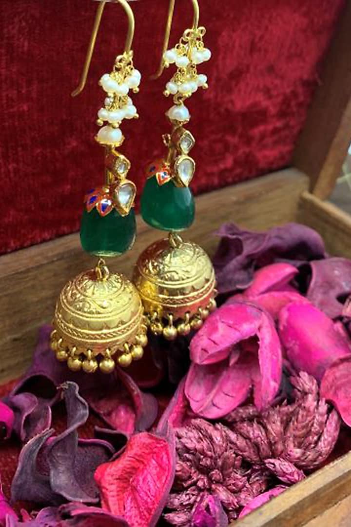 Gold Finish Kundan & Pearl Handcrafted Jhumka Earrings In Sterling Silver by Tanvi Garg at Pernia's Pop Up Shop