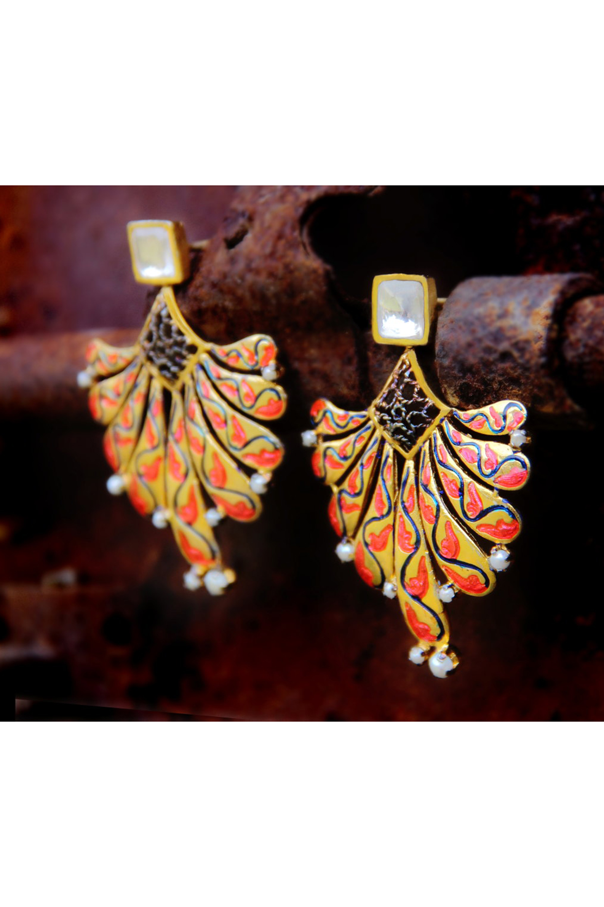 Gold Finish Kundan & Pearl Meenekari Dangler Earrings In Sterling Silver by Tanvi Garg