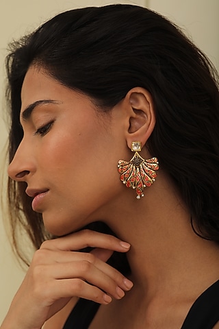 Gold Finish Kundan & Pearl Meenekari Dangler Earrings In Sterling Silver by Tanvi Garg